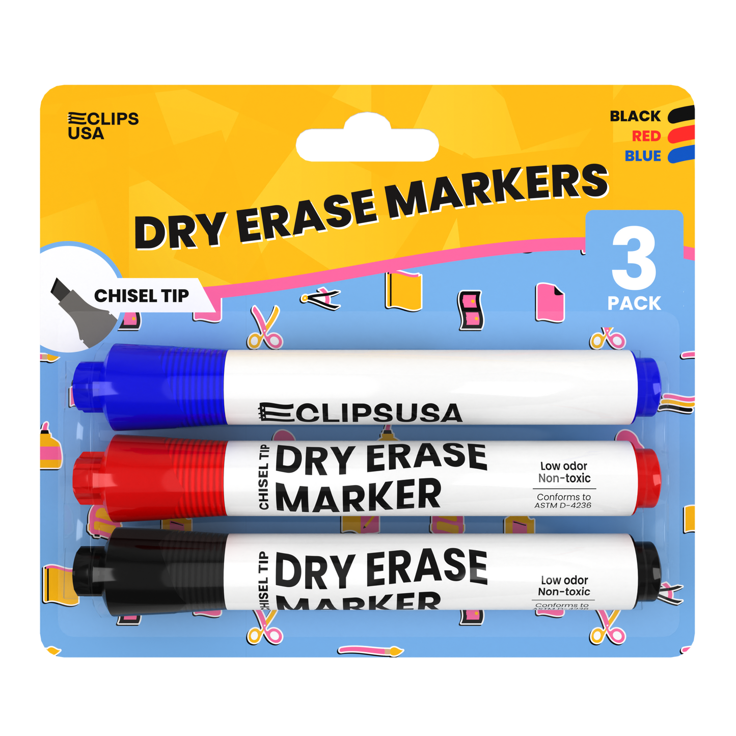 Dry Erase Markers - Low Odor, Non-toxic, Assorted Colors, 3 Pack, Chisel-tip