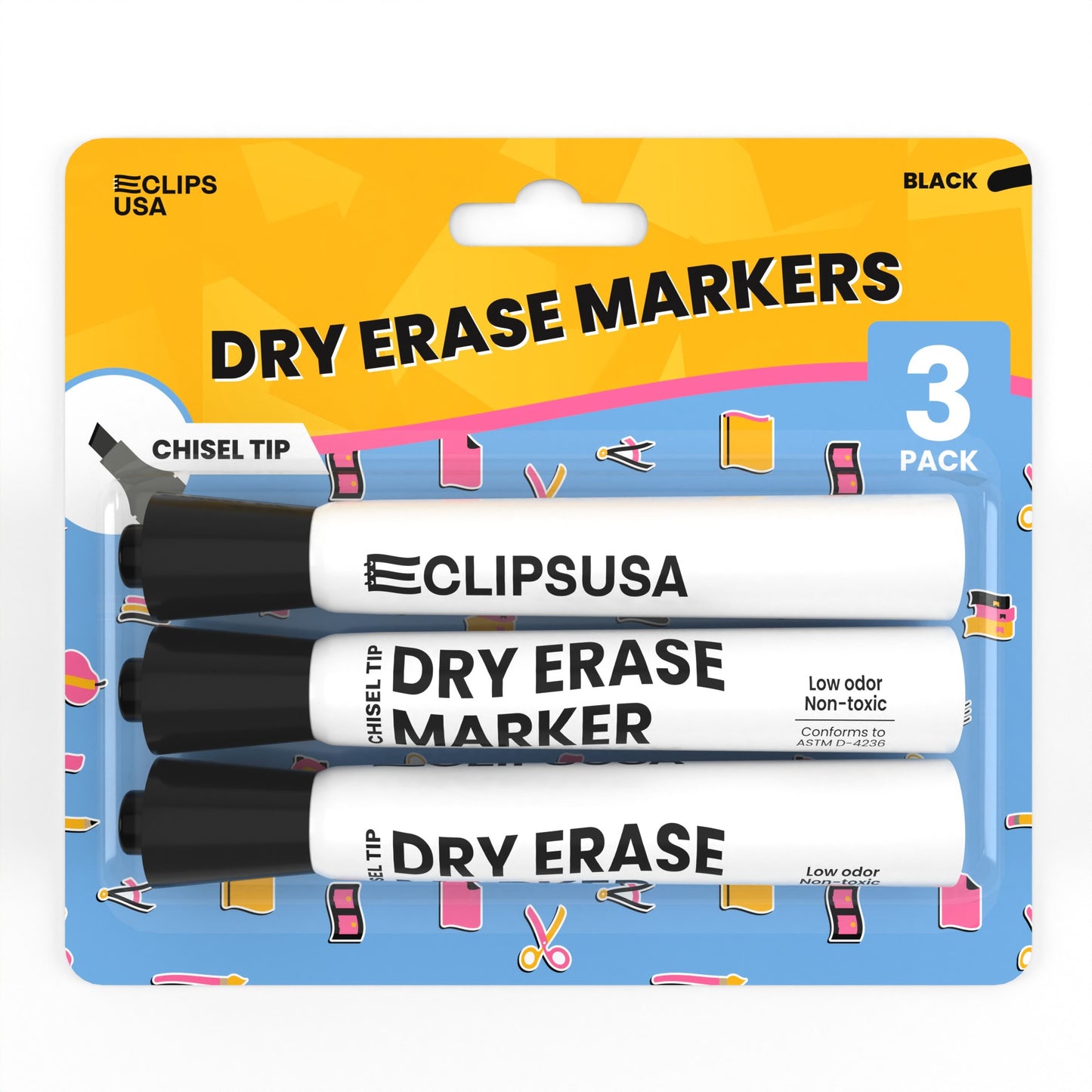 Dry Erase Markers - Low Odor, Non-toxic, Black, 3 Pack, Chisel-tip