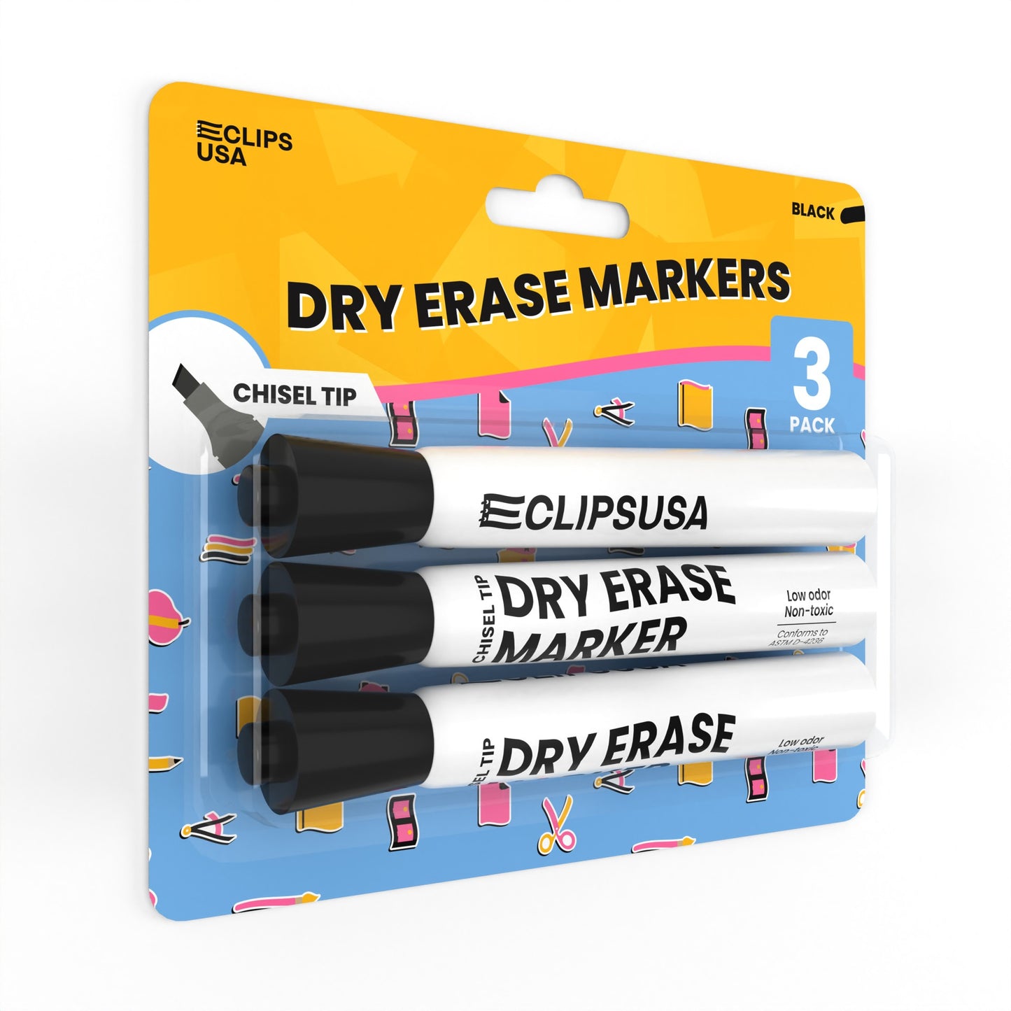 Dry Erase Markers - Low Odor, Non-toxic, Black, 3 Pack, Chisel-tip