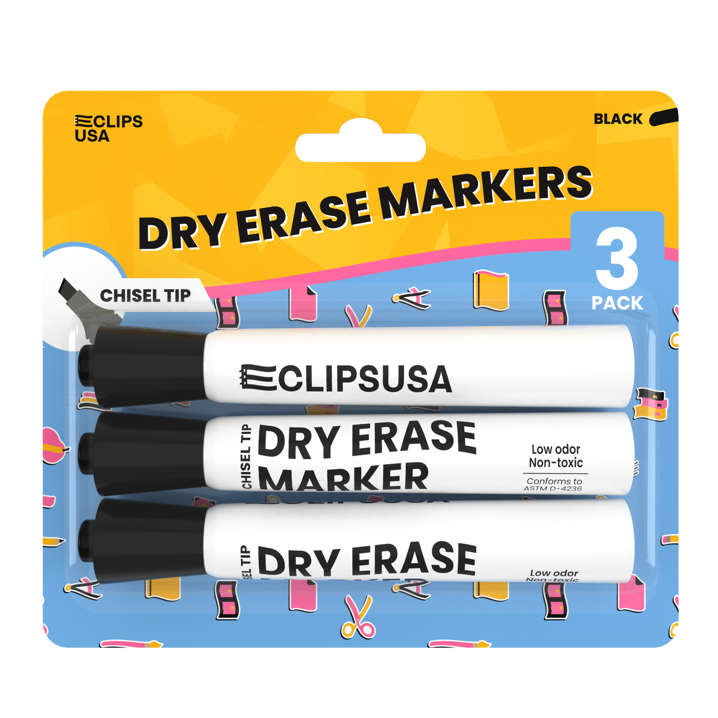 Dry Erase Markers - Low Odor, Non-toxic, Black, 3 Pack, Chisel-tip