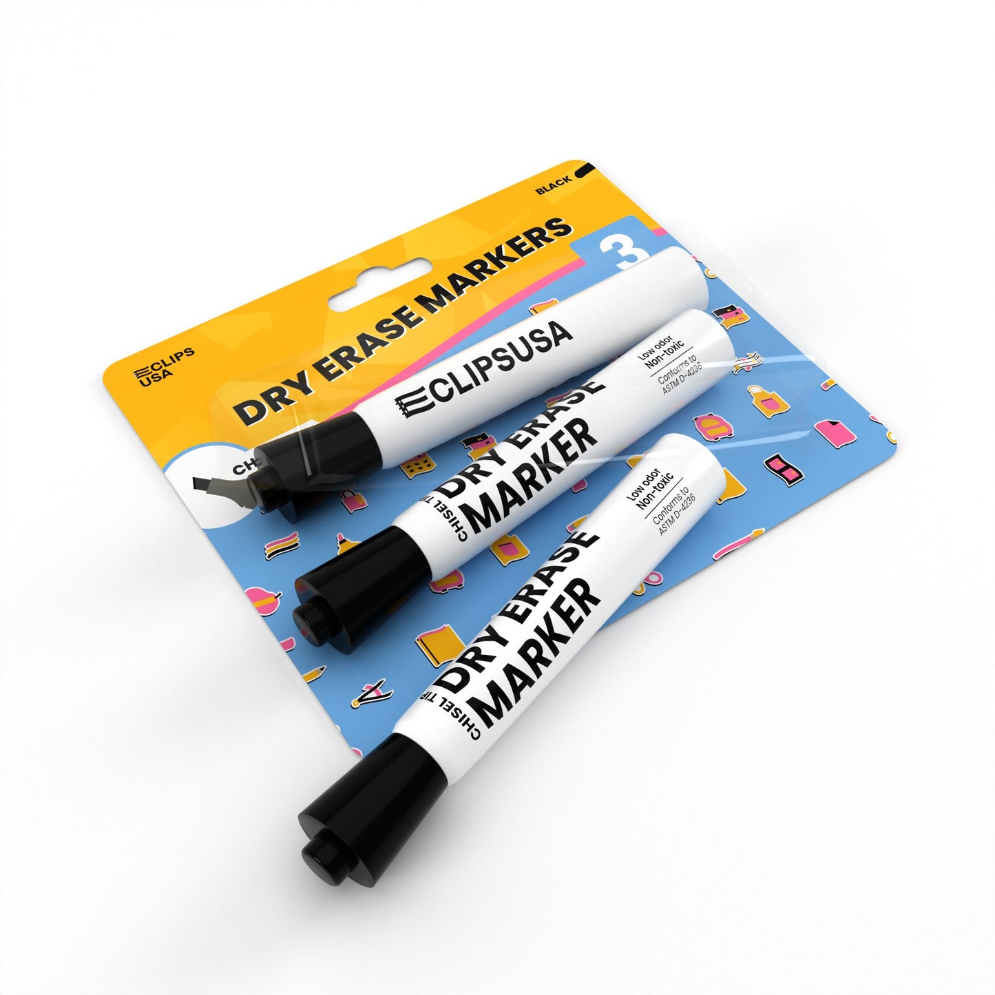 Dry Erase Markers - Low Odor, Non-toxic, Black, 3 Pack, Chisel-tip