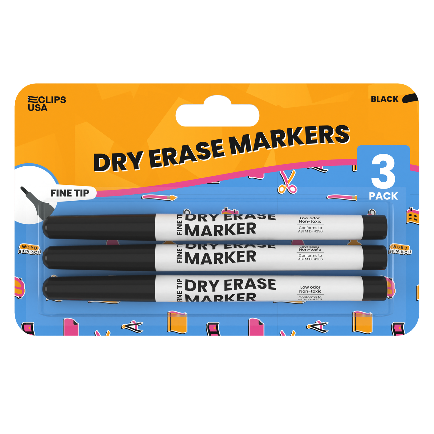 Dry Erase Markers - Low Odor, Non-toxic, Black, 3 Pack, Fine-tip