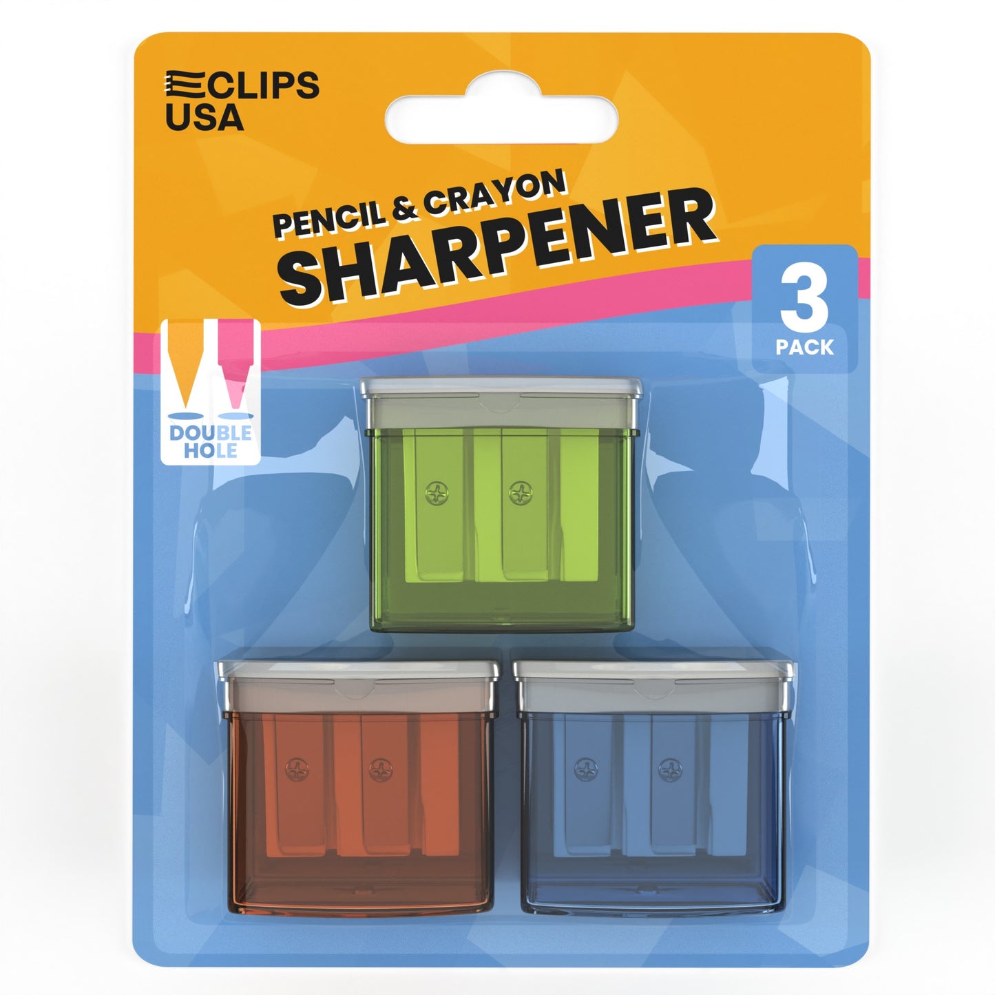 Manual Pencil Sharpeners - Double Hole For Pencil And Crayon, Receptacle Included, Assorted Colors, 3 Pack