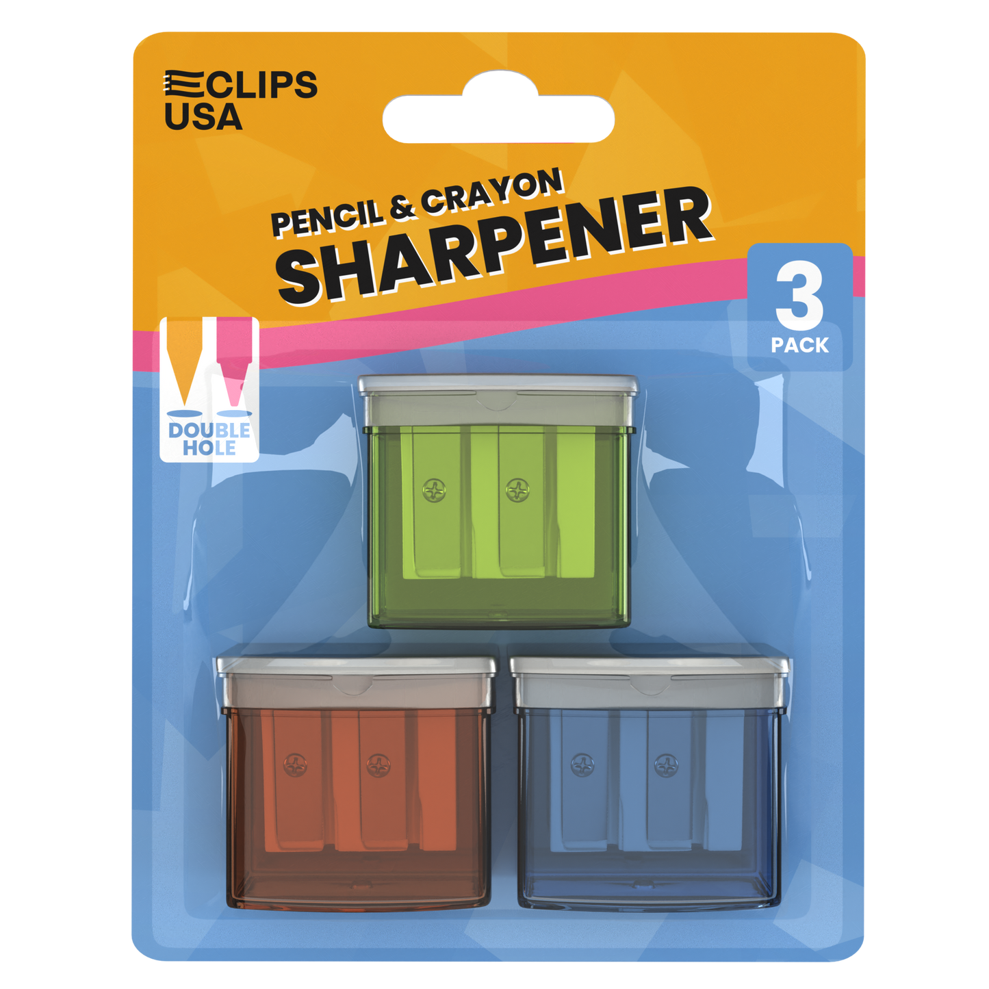 Manual Pencil Sharpeners - Double Hole For Pencil And Crayon, Receptacle Included, Assorted Colors, 3 Pack