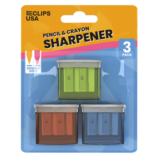 Manual Pencil Sharpeners - Double Hole For Pencil And Crayon, Receptacle Included, Assorted Colors, 3 Pack