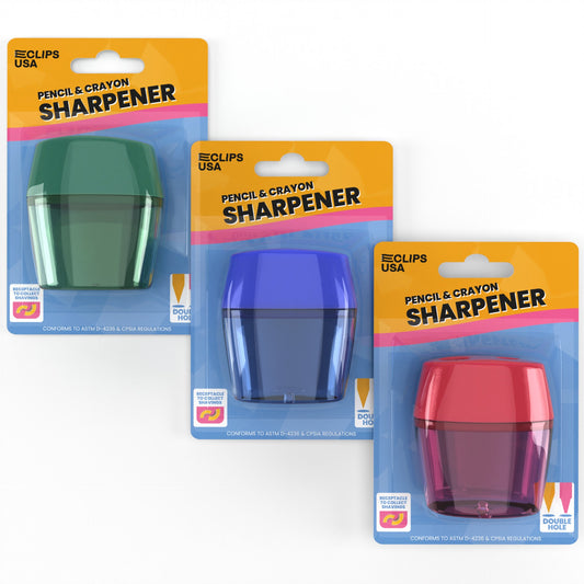 Manual Pencil Sharpeners - Double Hole For Pencil And Crayon, Large Receptacle Included, Assorted Colors