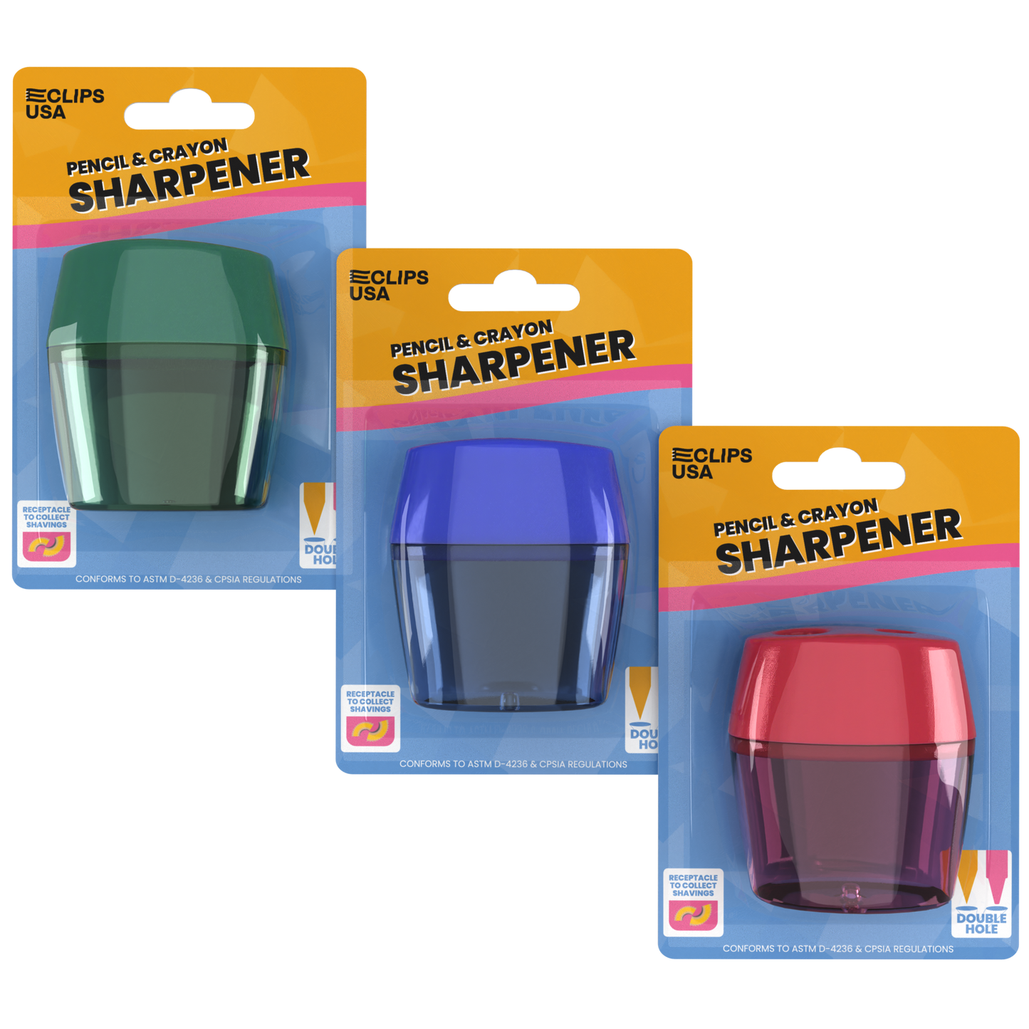 Manual Pencil Sharpeners - Double Hole For Pencil And Crayon, Large Receptacle Included, Assorted Colors