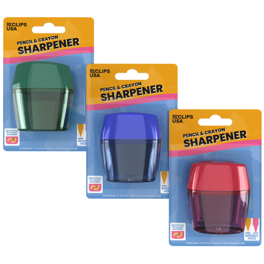 Manual Pencil Sharpeners - Double Hole For Pencil And Crayon, Large Receptacle Included, Assorted Colors