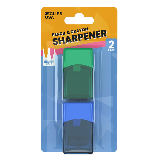 Manual Pencil Sharpeners - Double Hole For Pencil And Crayon, Xl Receptacle Included, Assorted Colors, 2 Pack