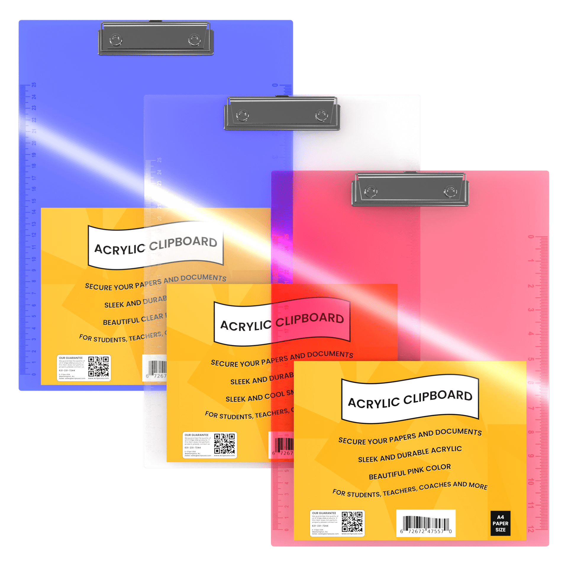 36 Units: E-Clips USA Clear Acrylic Clipboard
