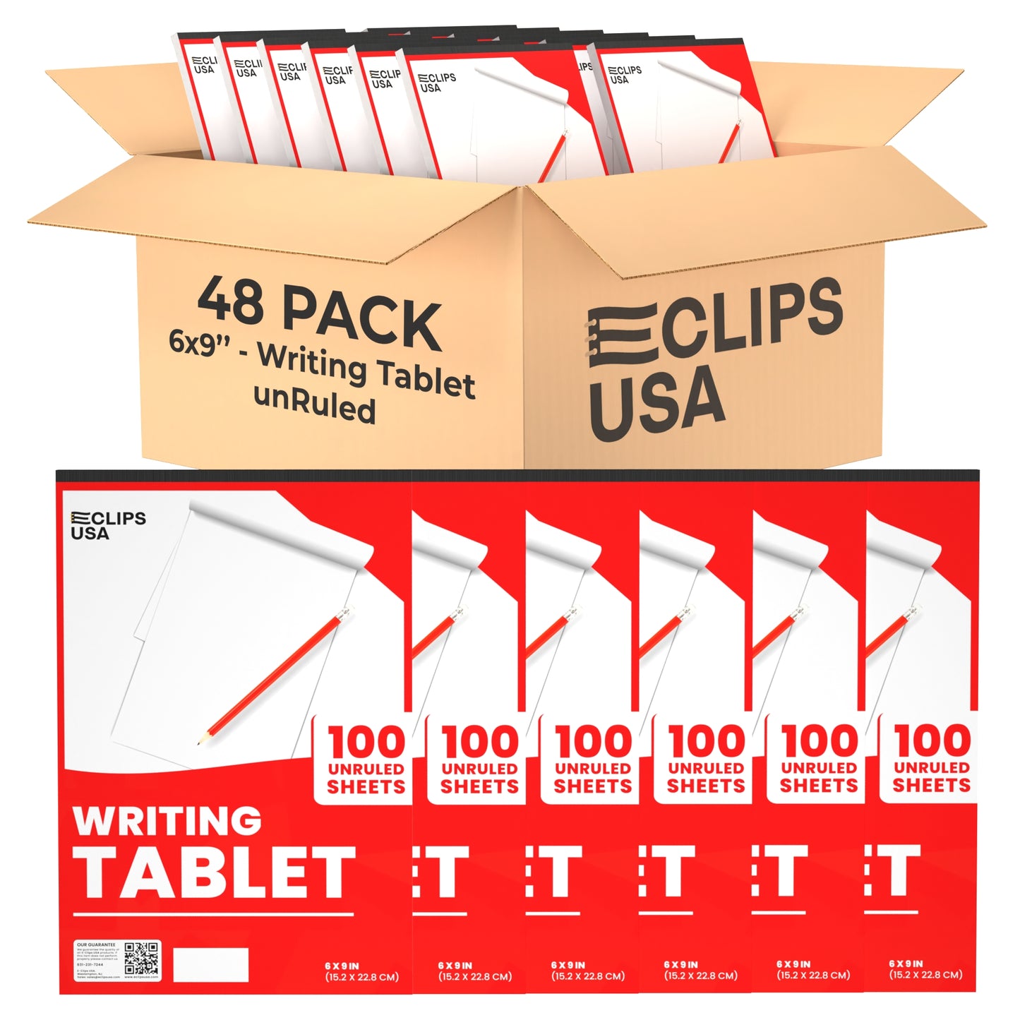 Unruled Writing Tablet: 6x9, Plain White,100 Sheets, Case of 48 Notepads