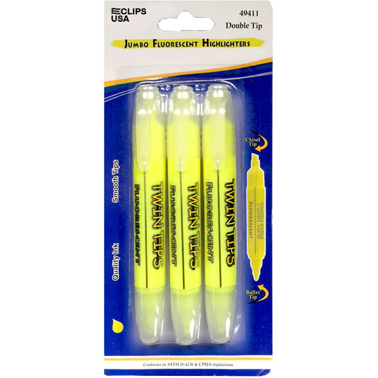 49411: Jumbo Yellow Chisel Highlighters with Double Tip - 3 Pack