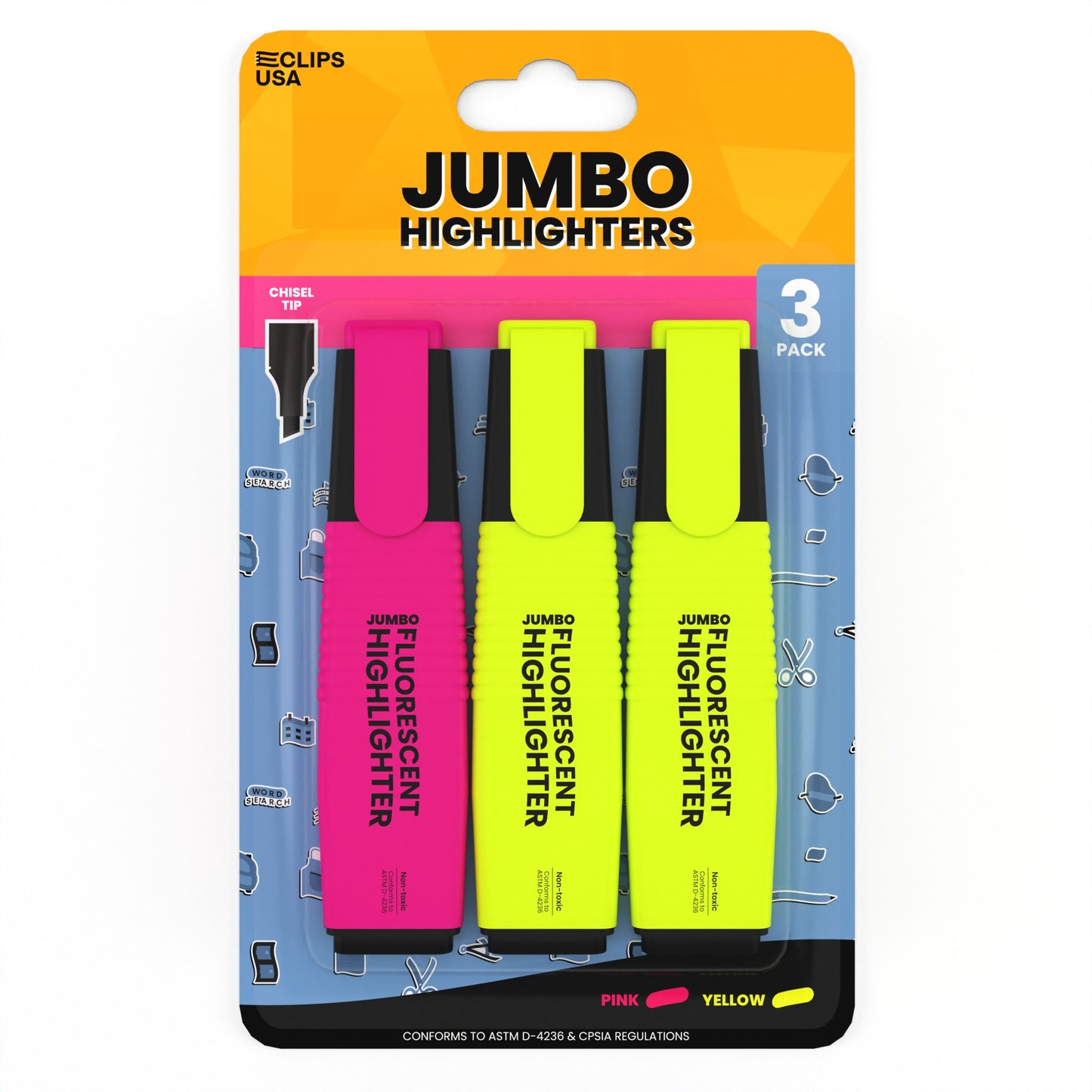 Jumbo Fluorescent Highlighter Pen - Assorted Colors, 3 Pack, Chisel-tip