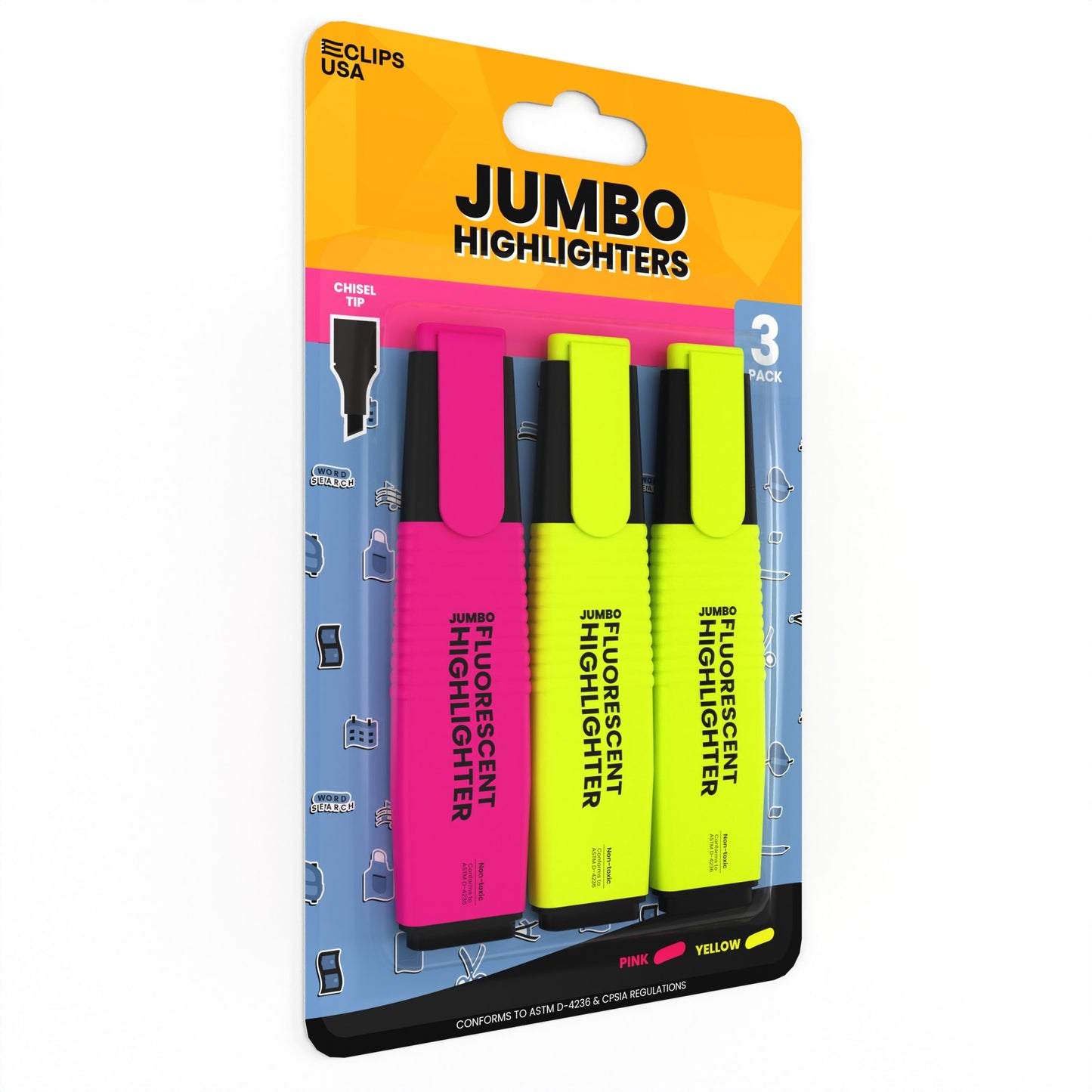 Jumbo Fluorescent Highlighter Pen - Assorted Colors, 3 Pack, Chisel-tip