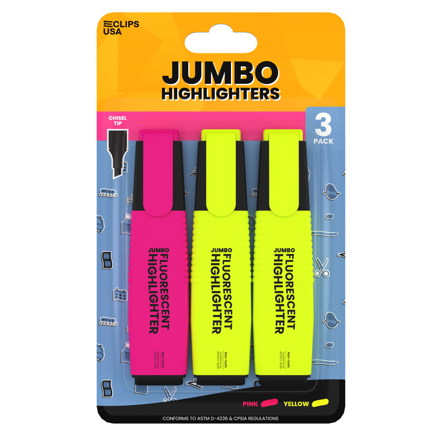 Jumbo Fluorescent Highlighter Pen - Assorted Colors, 3 Pack, Chisel-tip