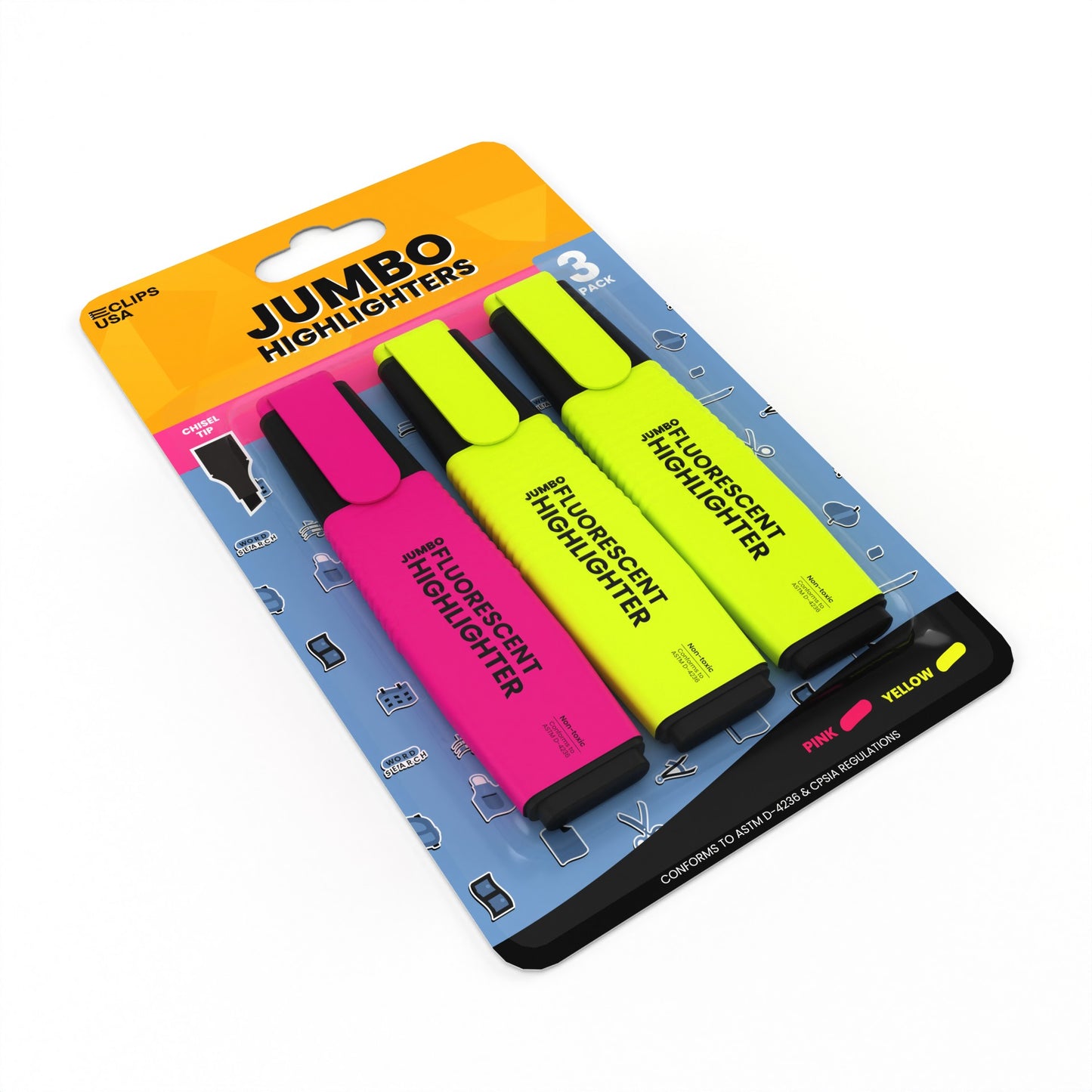 Jumbo Fluorescent Highlighter Pen - Assorted Colors, 3 Pack, Chisel-tip