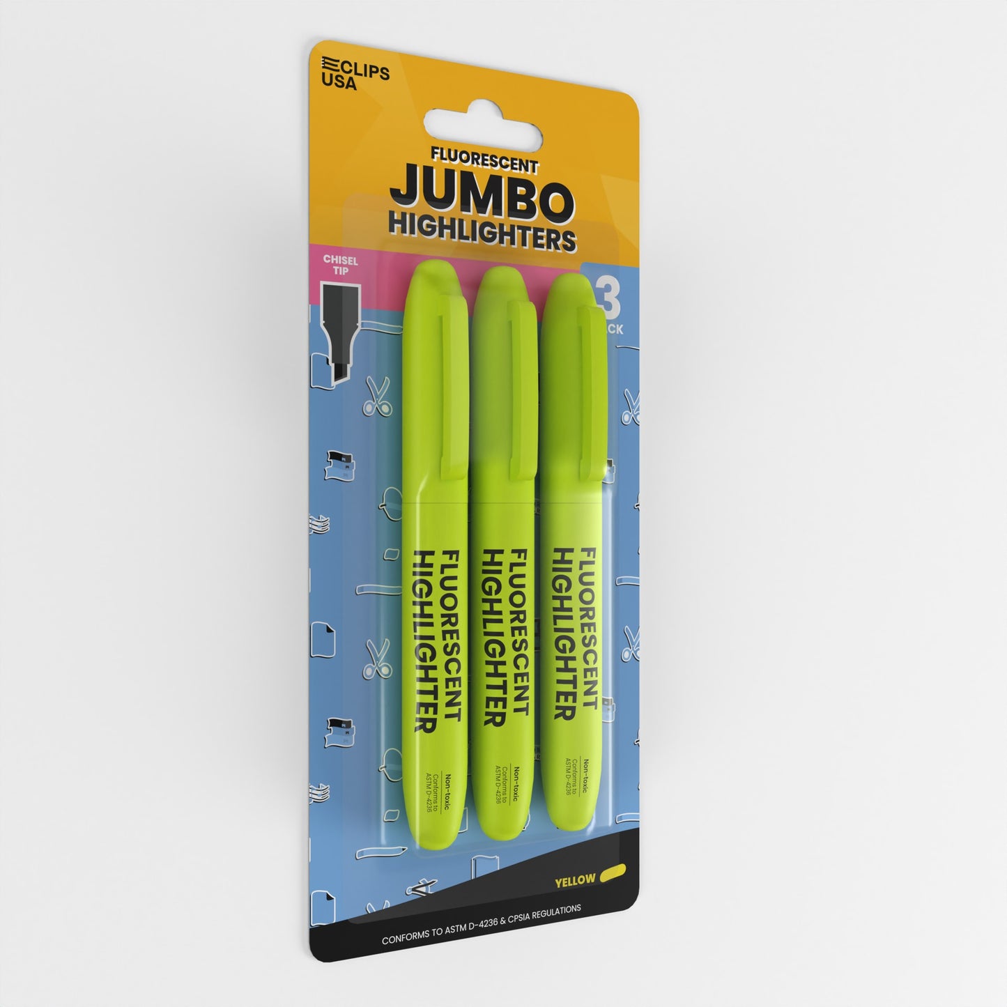 Jumbo Fluorescent Highlighter Pen - Yellow, 3 Pack, Chisel-tip