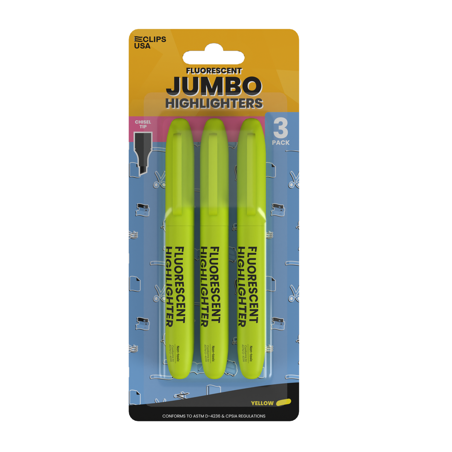 Jumbo Fluorescent Highlighter Pen - Yellow, 3 Pack, Chisel-tip