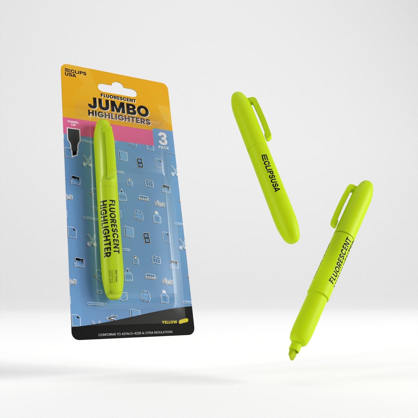 Jumbo Fluorescent Highlighter Pen - Yellow, 3 Pack, Chisel-tip