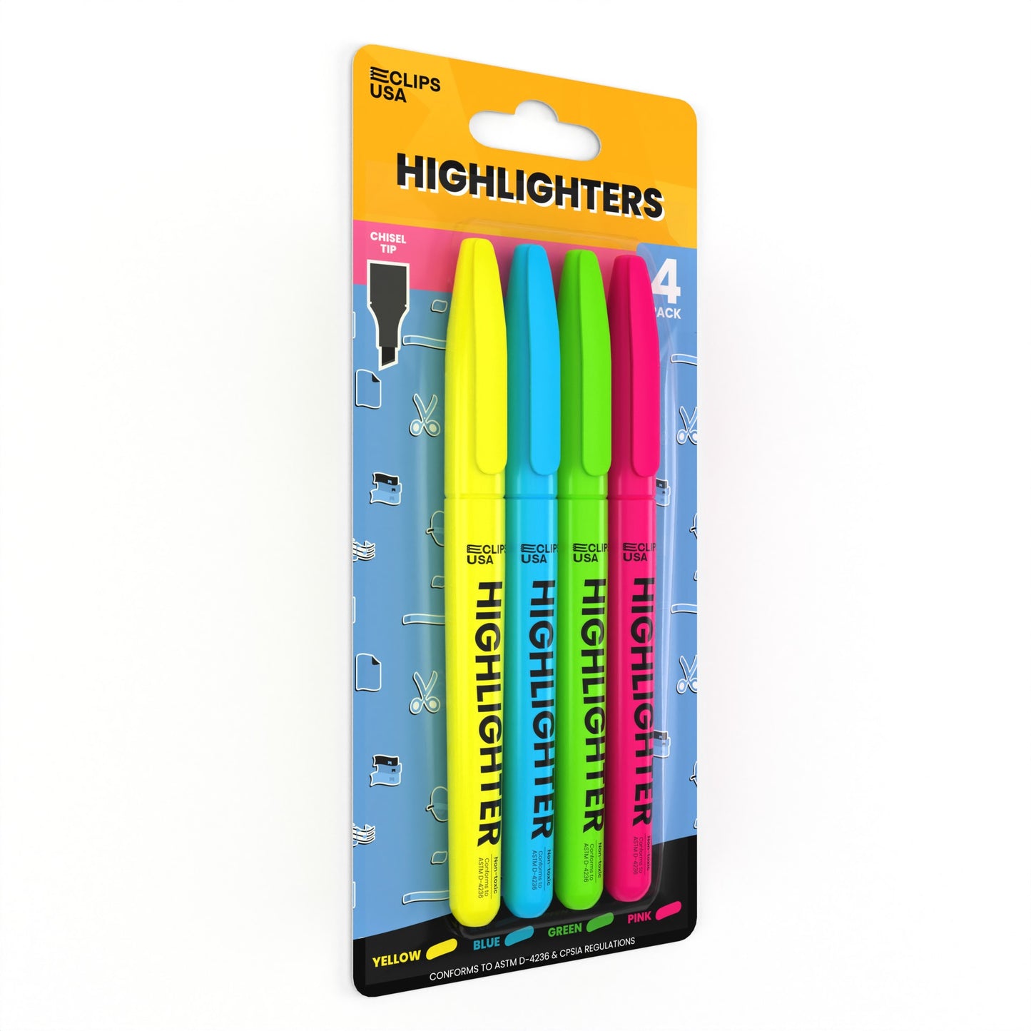 Highlighters: (Assorted Colors), Smooth Tip, 4 Pack, units/48