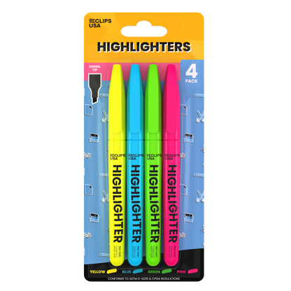 Highlighters: (Assorted Colors), Smooth Tip, 4 Pack, units/48