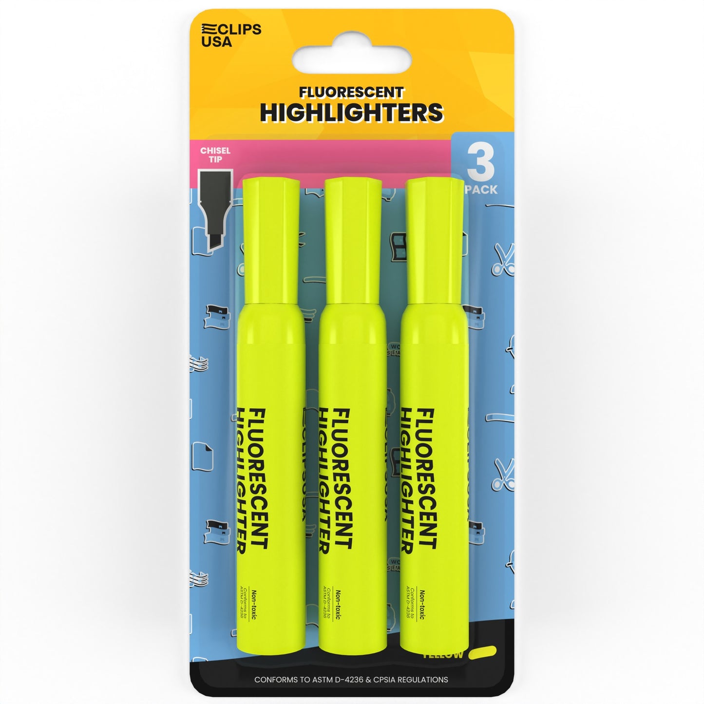 Fluorescent Highlighter Pen - Yellow, 3 Pack, Chisel-tip