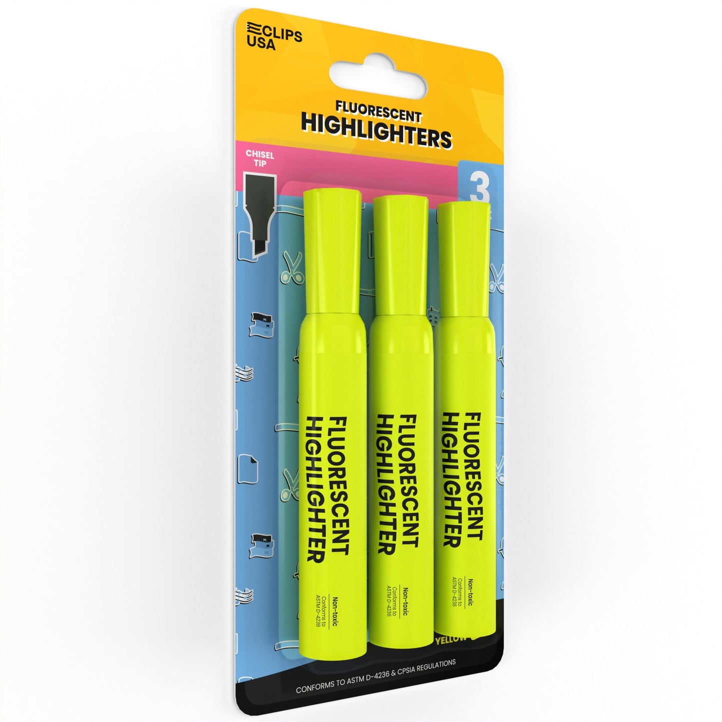 Fluorescent Highlighter Pen - Yellow, 3 Pack, Chisel-tip