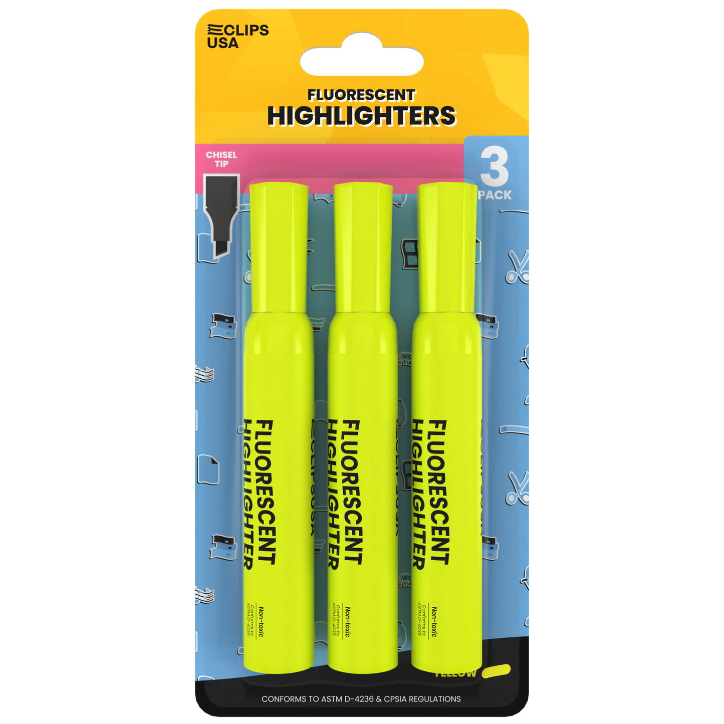 Fluorescent Highlighter Pen - Yellow, 3 Pack, Chisel-tip