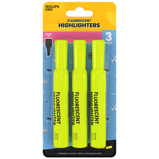 Highlighters:  (Yellow) - 3 Pack Smooth Tip | Case Pack: 36