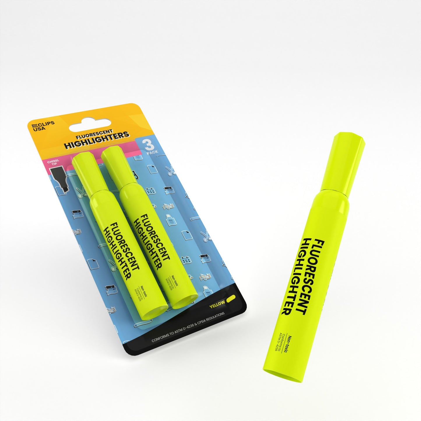 Fluorescent Highlighter Pen - Yellow, 3 Pack, Chisel-tip