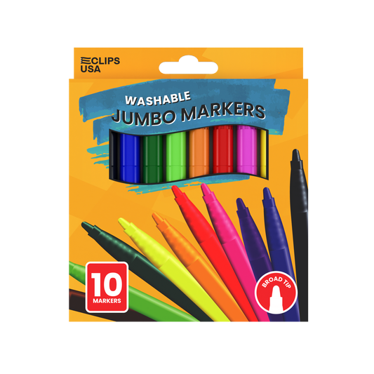 Jumbo Washable Markers - Non-toxic, Assorted Colors, 10 Pack, Broad-tip