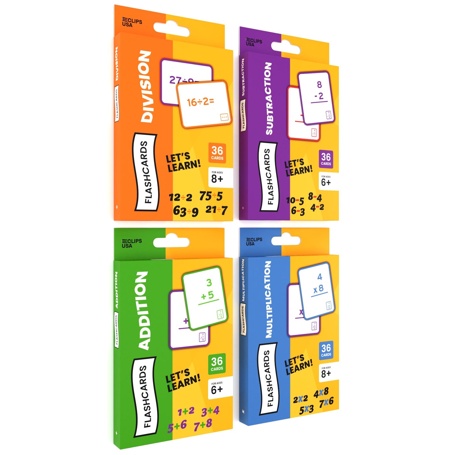 Assorted Math Flash Cards - Division, Subtraction, Addition, Multiplication, Set Of 36 Cards Per Topic