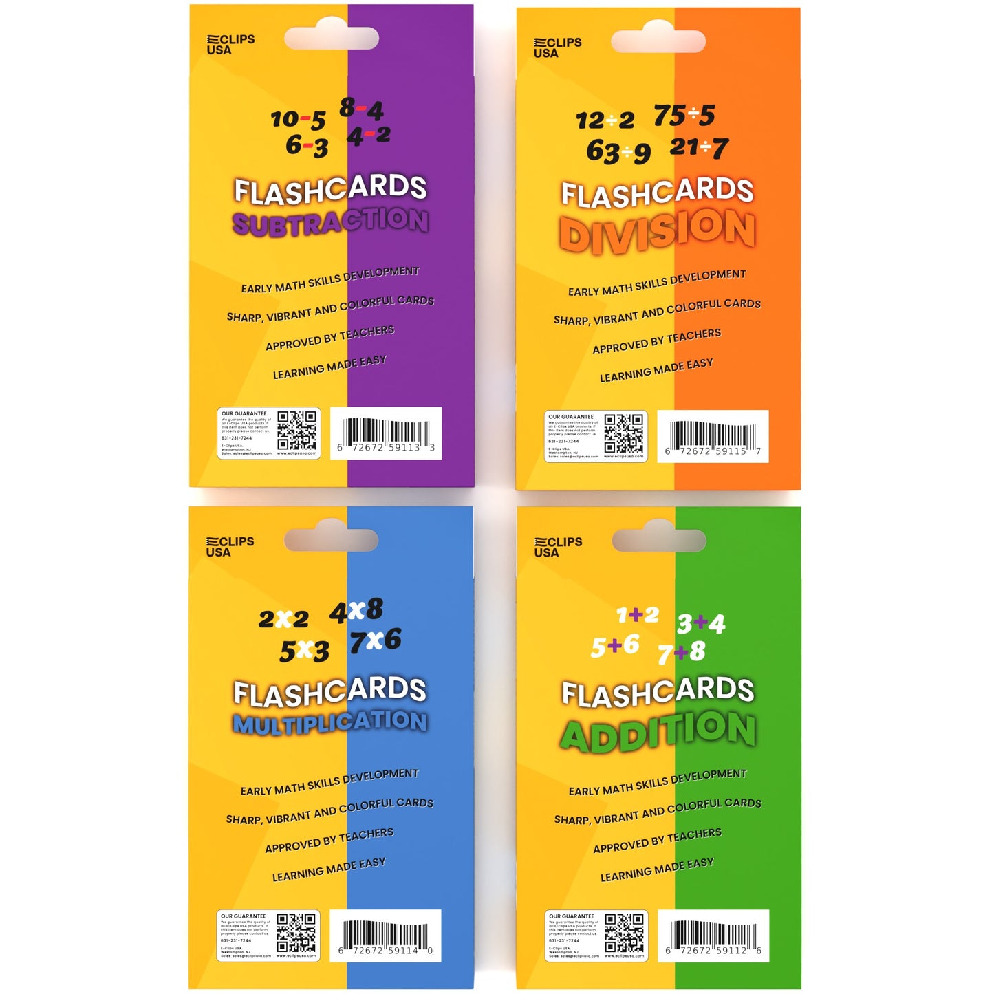 Assorted Math Flash Cards - Division, Subtraction, Addition, Multiplication, Set Of 36 Cards Per Topic