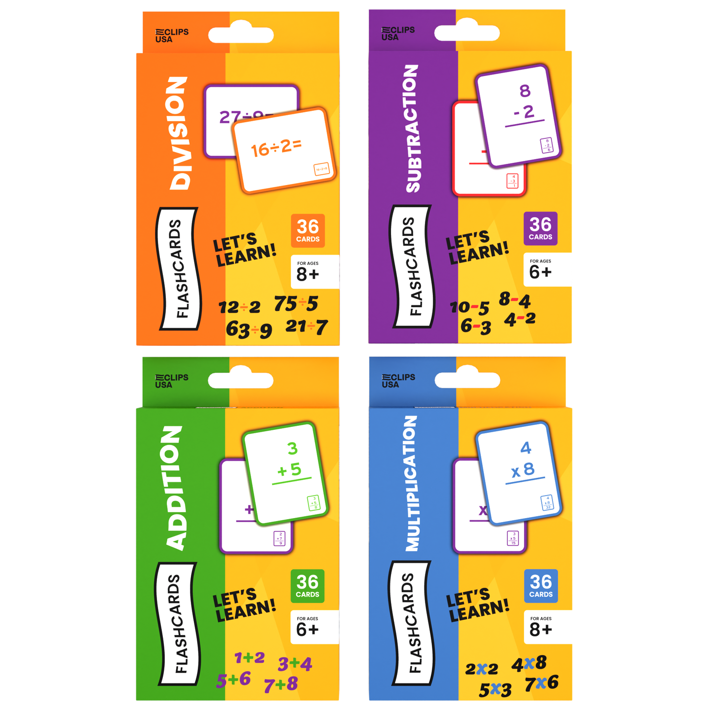 Assorted Math Flash Cards - Division, Subtraction, Addition, Multiplication, Set Of 36 Cards Per Topic