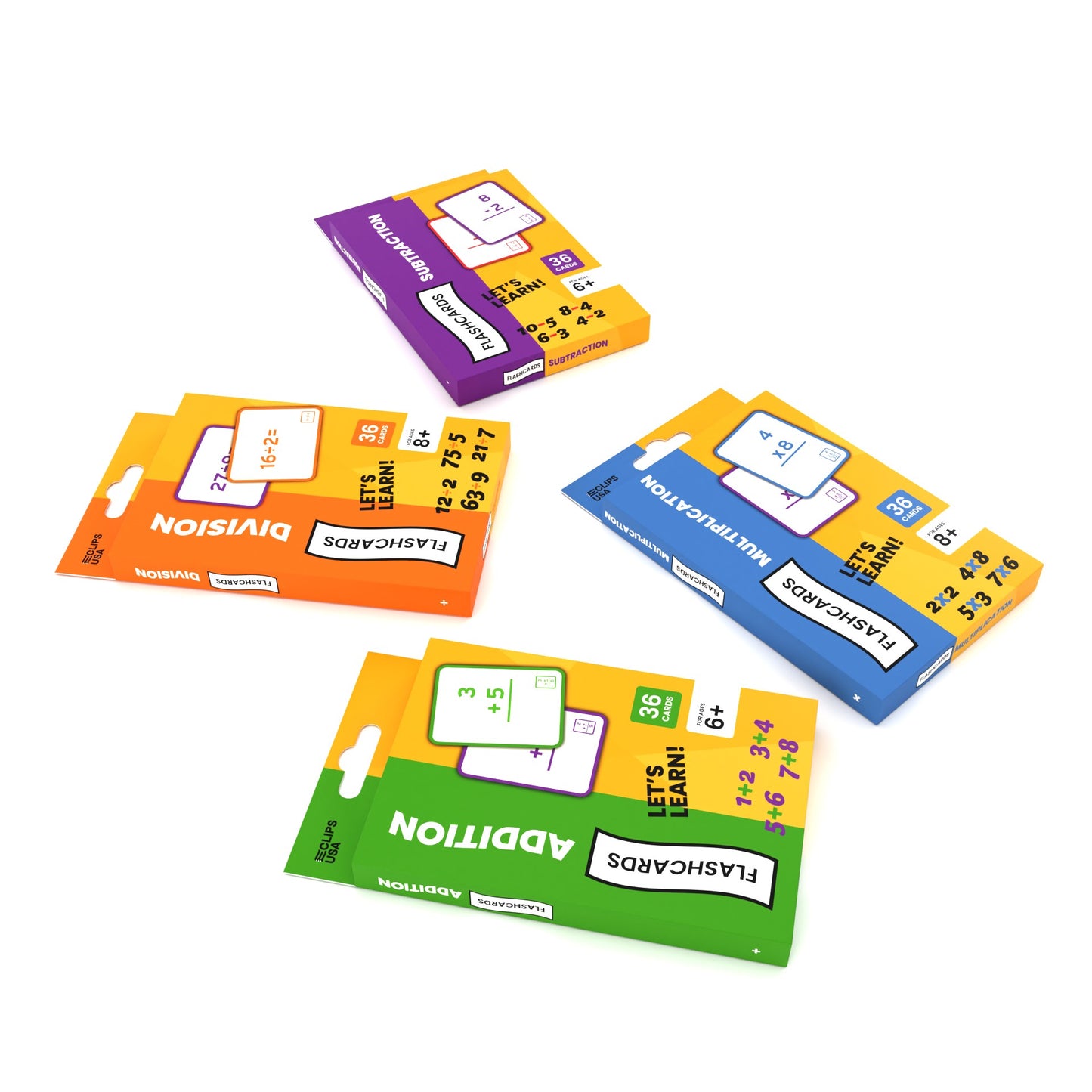 Assorted Math Flash Cards - Division, Subtraction, Addition, Multiplication, Set Of 36 Cards Per Topic