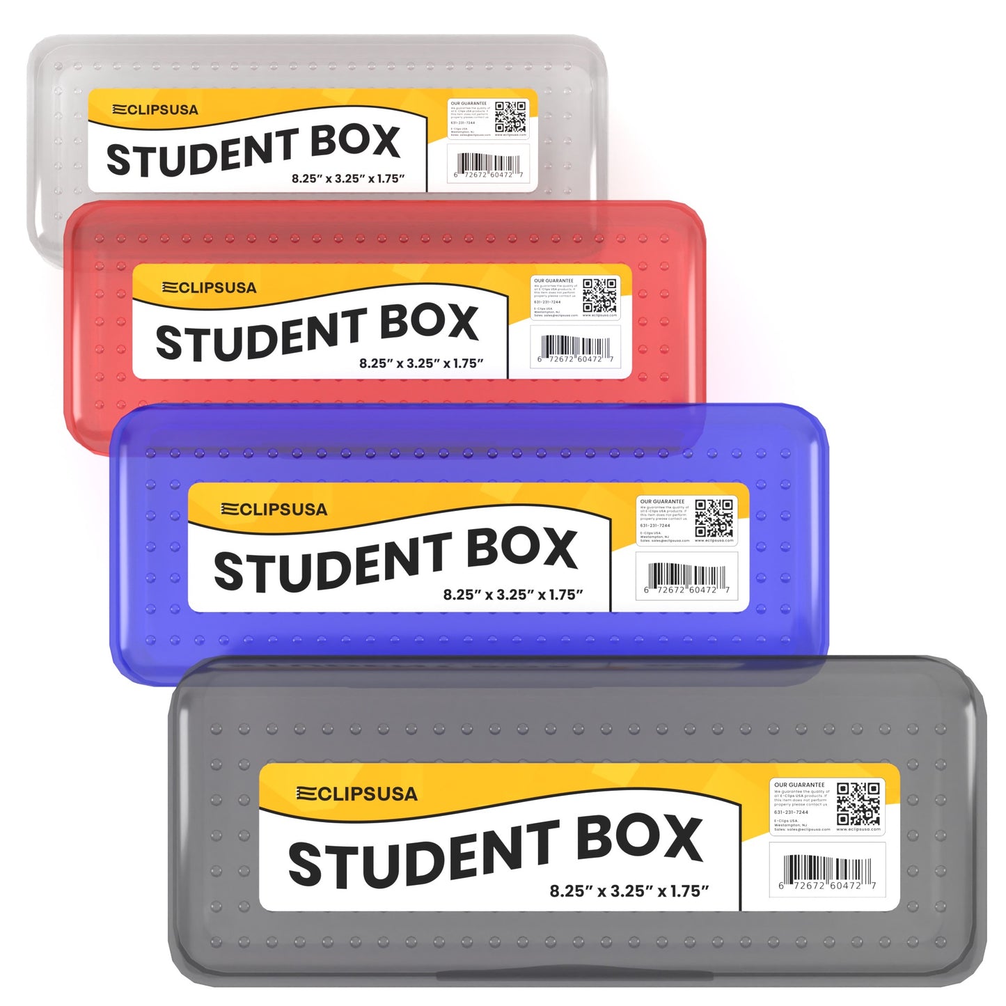 Clear Plastic Student Storage Box - Small Pencil Box, Assorted Colors, 8.25 X 3.25 X 1.75 Inches