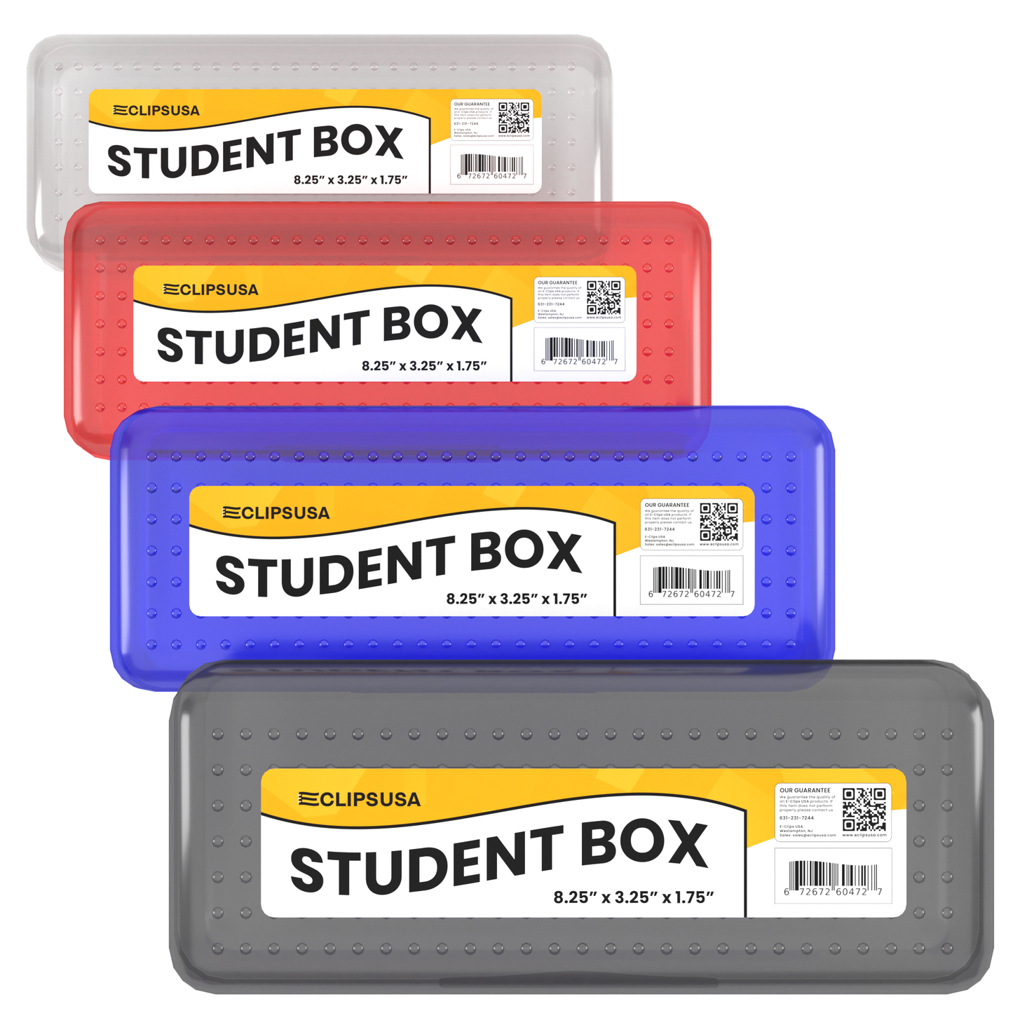 Clear Plastic Student Storage Box - Small Pencil Box, Assorted Colors, 8.25 X 3.25 X 1.75 Inches