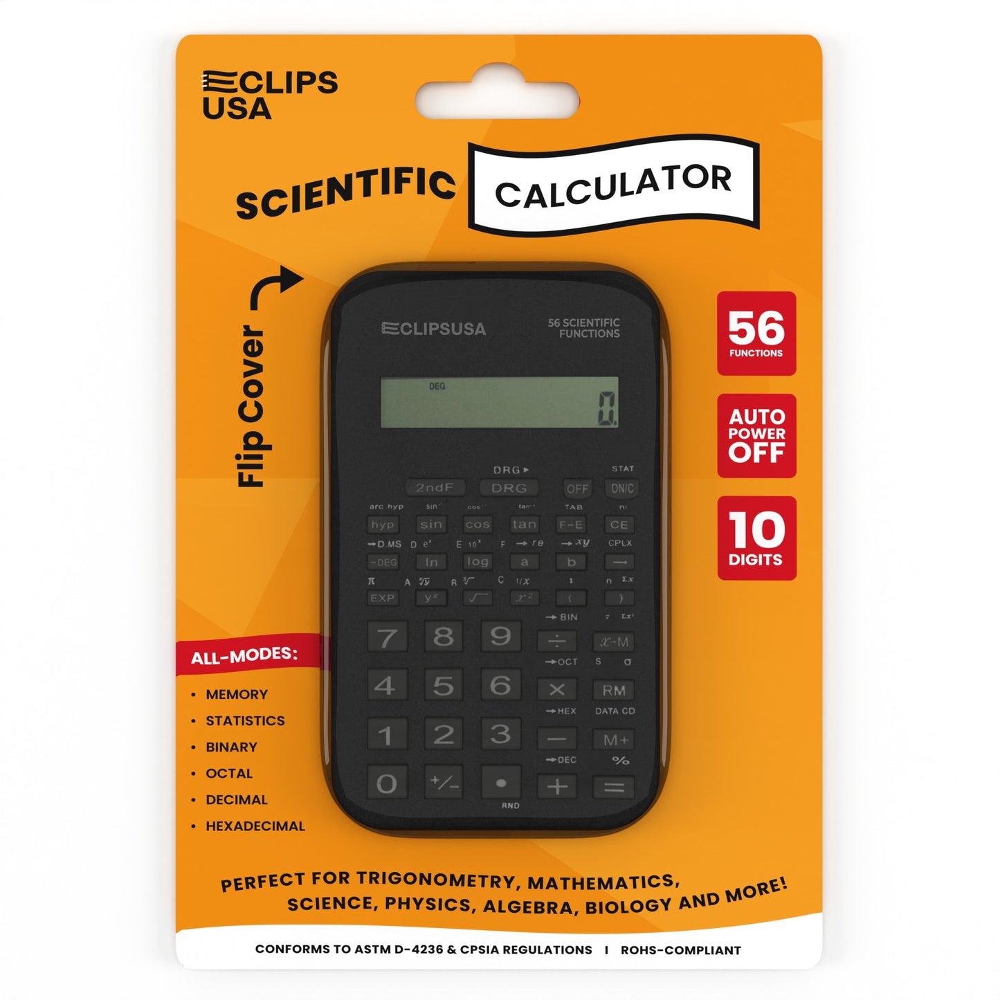 Pocket-Sized Scientific Calculator - Solar Powered, Flip Cover, 56 Scientific Functions, 10-digit Display