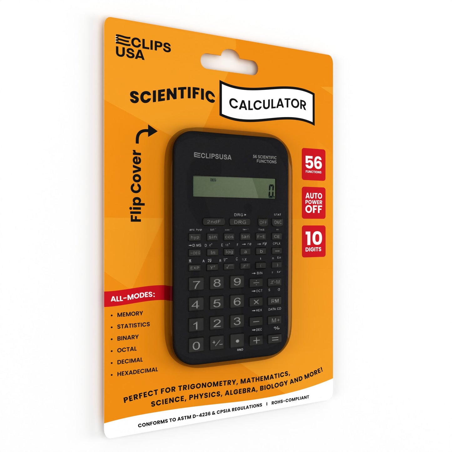 Pocket-Sized Scientific Calculator - Solar Powered, Flip Cover, 56 Scientific Functions, 10-digit Display