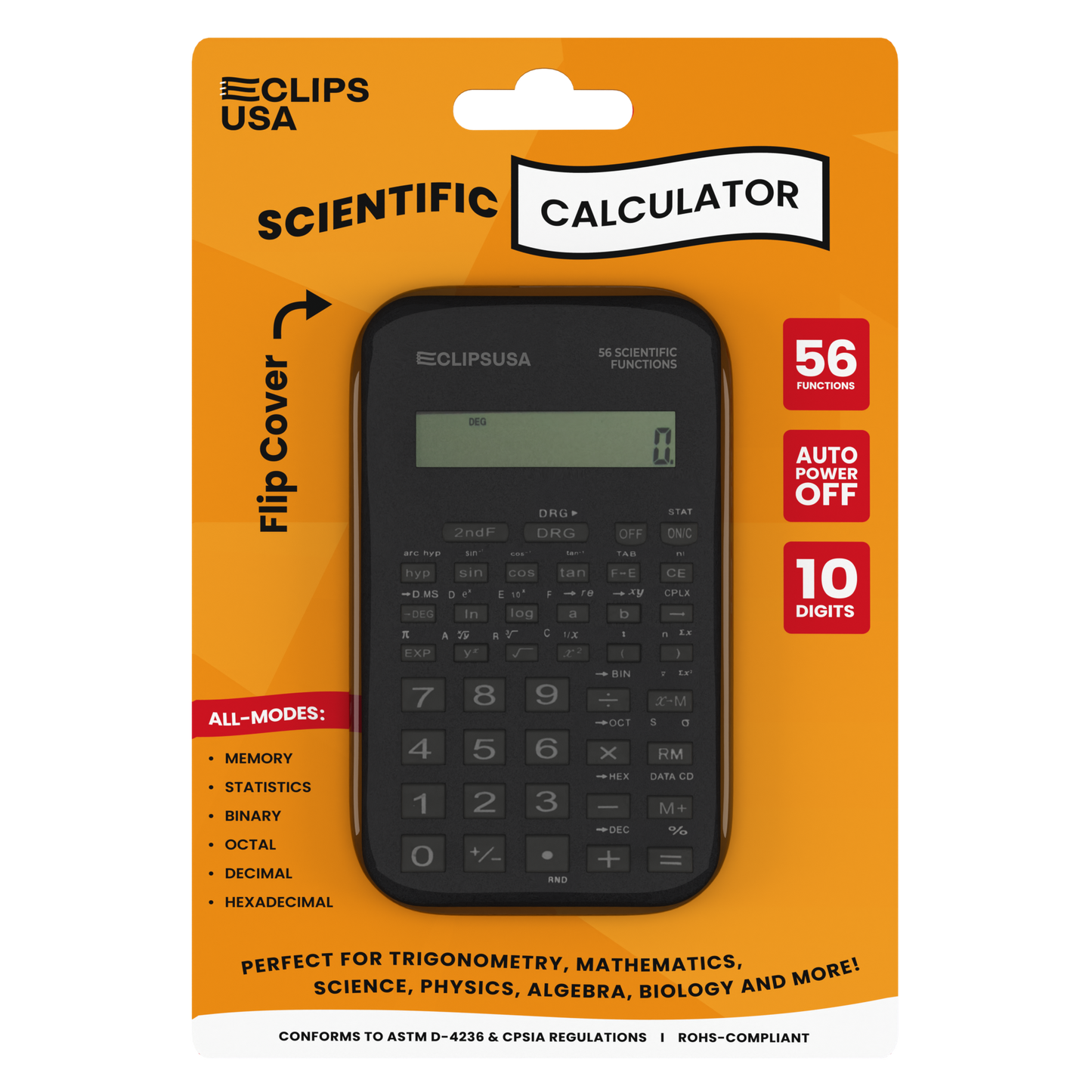 Pocket-Sized Scientific Calculator - Solar Powered, Flip Cover, 56 Scientific Functions, 10-digit Display