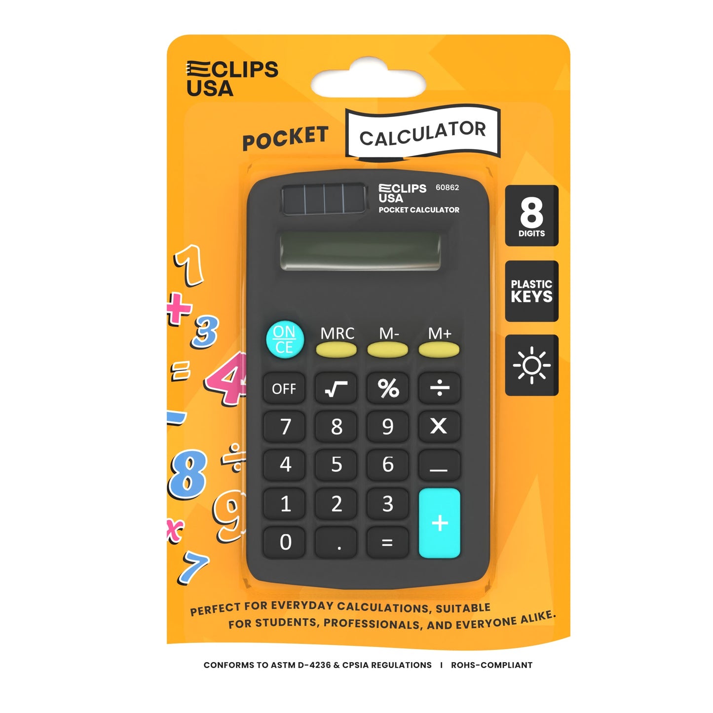 Pocket-Sized Calculator - 8 Standard Functions, Solar Powered, Handheld