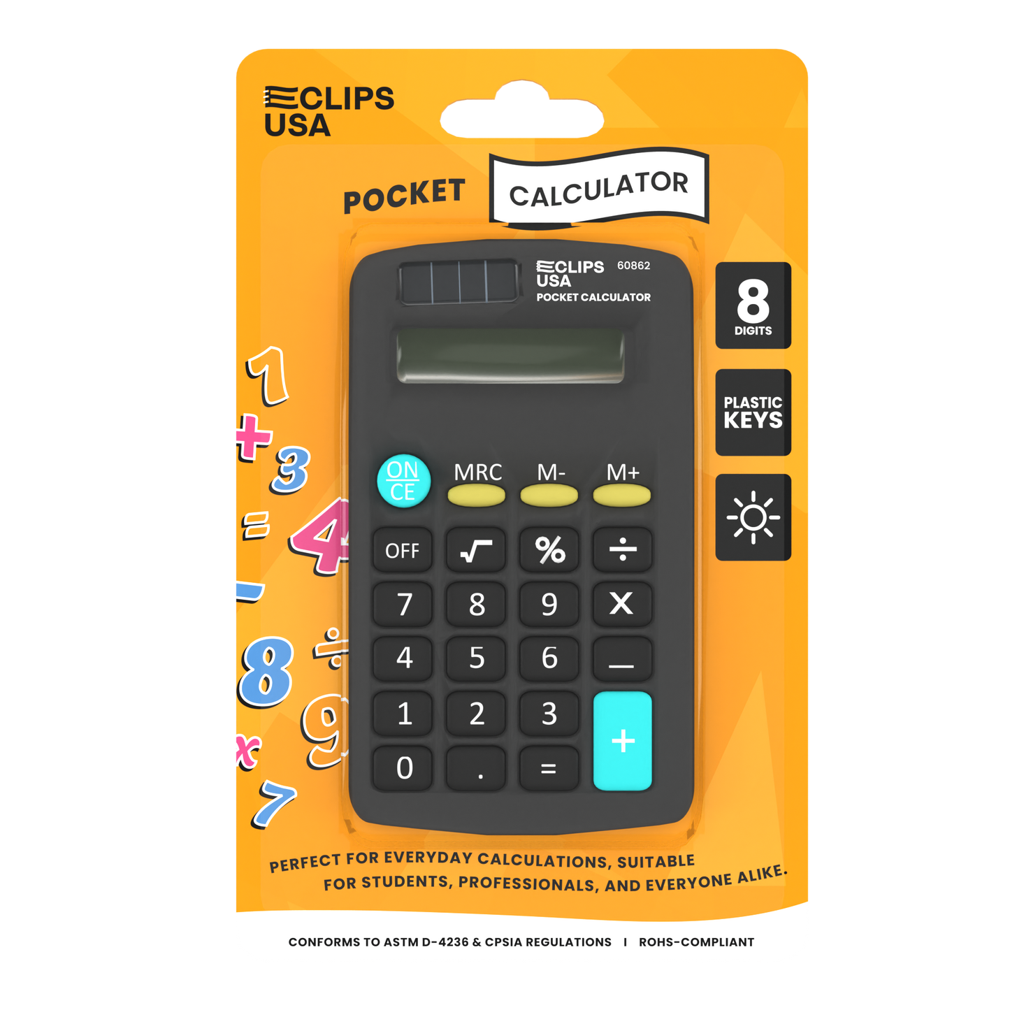 Pocket-Sized Calculator - 8 Standard Functions, Solar Powered, Handheld