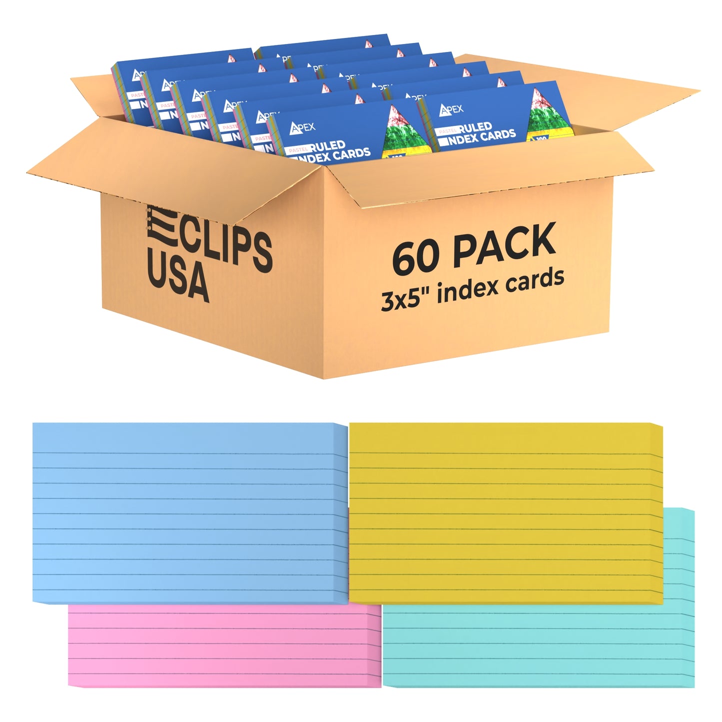 APEX Pastel Ruled Index Cards - 3 X 5 Inches, Assorted Colors, 100 Pack