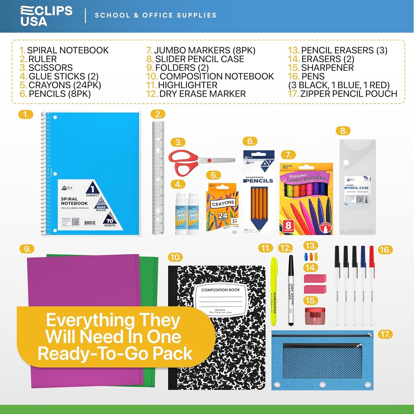 School Supply Kits for K-5 Students Case of 12 Kits