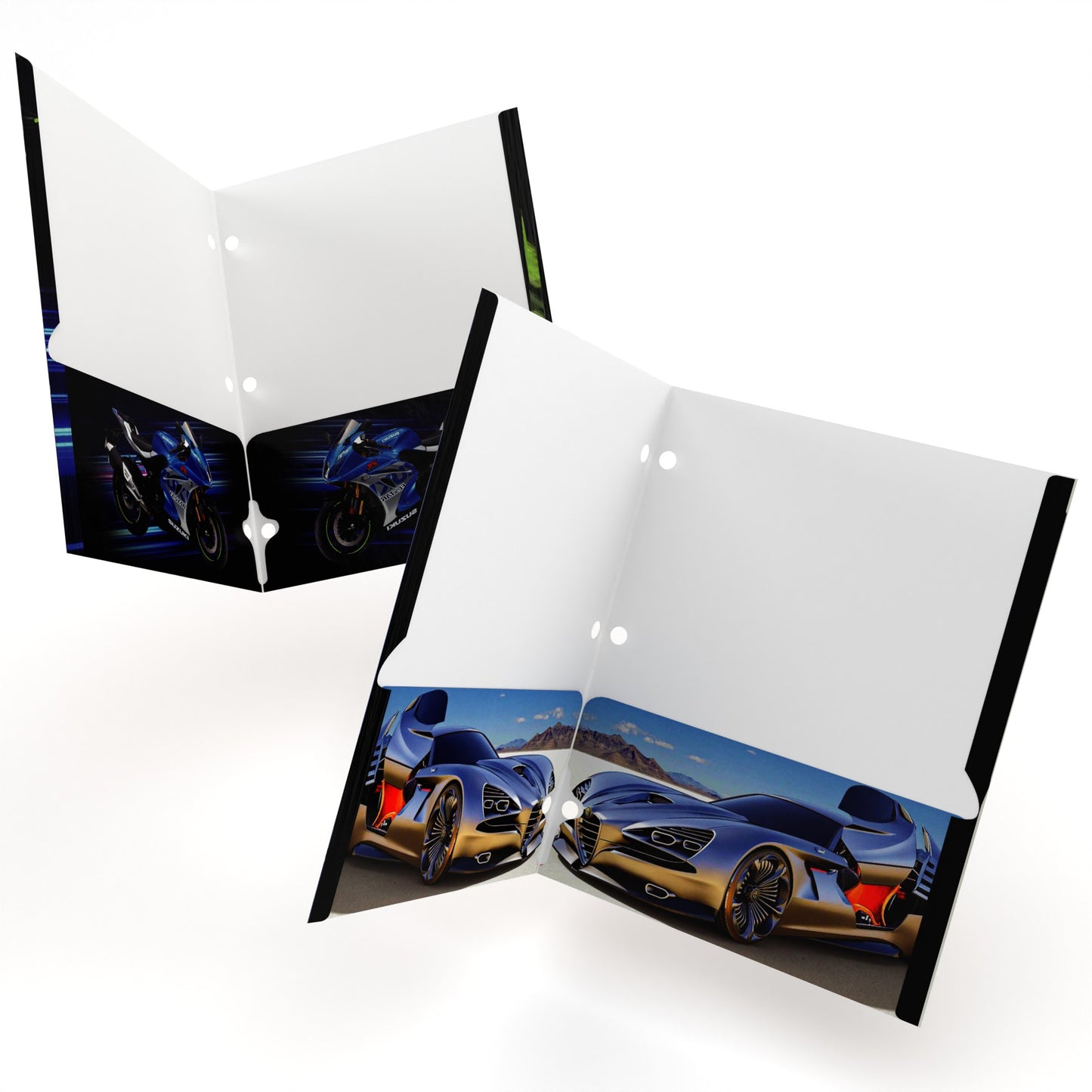 Cars & Motorcycle Themed Paper Pocket Binder Folders - Pocket Divider, 2-pocket Portfolio With Business Card Slots, Fits Standard 3-Ring Binder