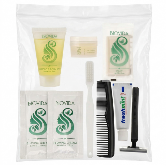 9 Piece Biovida Deluxe Wholesale Hygiene Kits - Bulk Toiletry Case of 96