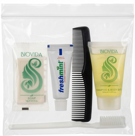 5 Piece Biovida Basic Wholesale Hygiene Kits - Bulk Toiletry Case of 96